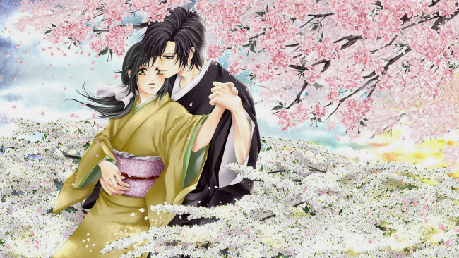 Обои картинки фото аниме, hakuoki, пара, весна, цветущие, деревья