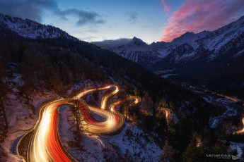Картинка природа дороги выдержка вечер огни ночь горы снег небо дорога зима