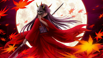 Картинка аниме оружие +техника +технологии копье рога ёкай кленовые листья маска ветер длинные волосы красные глаза полнолуние кимоно