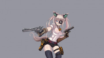 Картинка аниме оружие +техника +технологии серый фон neko girl крутая повязка на глаз кобура наушники пистолет револьвер убийца