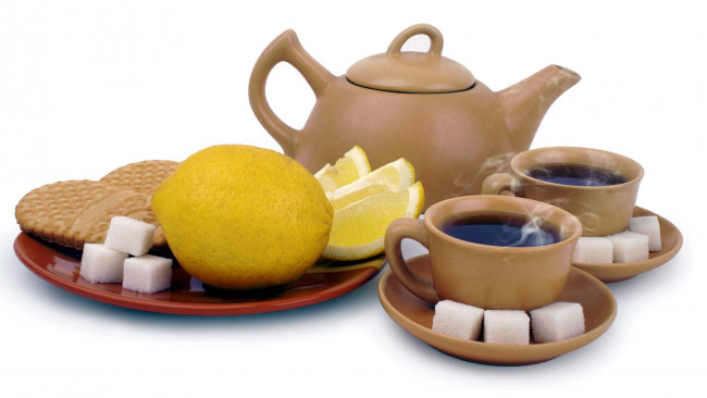 Обои картинки фото еда, напитки,  Чай, лимон, печенье, сахар, заварник