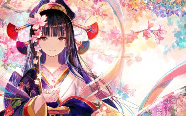 Обои картинки фото аниме, unknown,  другое, длинные, волосы, кимоно, девочка, прическа, сакура, узор, цветы, челка, взгляд