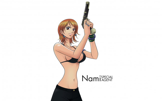 Обои картинки фото аниме, one piece, браслет, нами, пистолет, девушка, брюки, белье