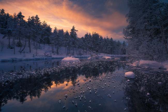 Обои картинки фото природа, реки, озера, ole, henrik, skjelstad, норвегия, зима, река, лес, ringerike