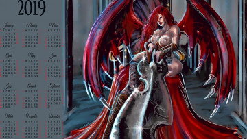 Картинка календари фэнтези красный существо оружие крылья женщина