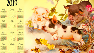 обоя календари, рисованные,  векторная графика, животное, цветы, свинья, птица, цыпленок, поросенок