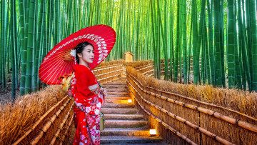 Картинка девушки -+азиатки азиатка кимоно зонтик бамбуковая аллея ступеньки