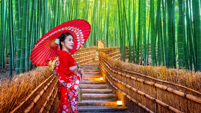 Обои картинки фото девушки, - азиатки, азиатка, кимоно, зонтик, бамбуковая, аллея, ступеньки