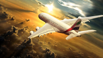 обоя airbus emirates airlines, авиация, пассажирские самолёты, самолет, полет, облака, солнце
