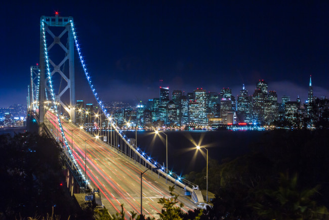 Обои картинки фото bay, bridge, san, francisco, california, города, сан, франциско, сша, ночной, город, залив, сан-франциско, мост