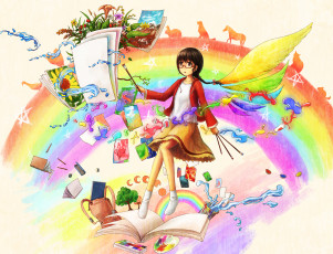 Картинка аниме *unknown+ другое радуга цветы шатенка краски коса рисование дерево листы арт девушка сумка кисточки