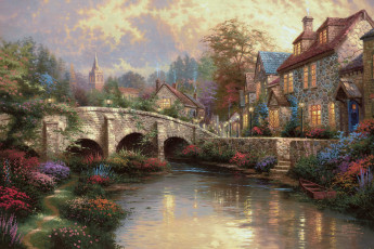 Картинка cobblestone+brooke рисованные thomas+kinkade дом река лодка мост