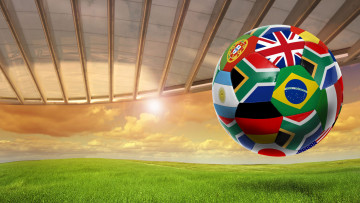 обоя спорт, футбол, фифа, мяч, поле, навес, небо, облака, солнце, флаги, чемпионат, бразилия
