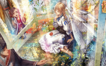 Картинка аниме -angels+&+demons крылья цветы девочка девушка ангел парень
