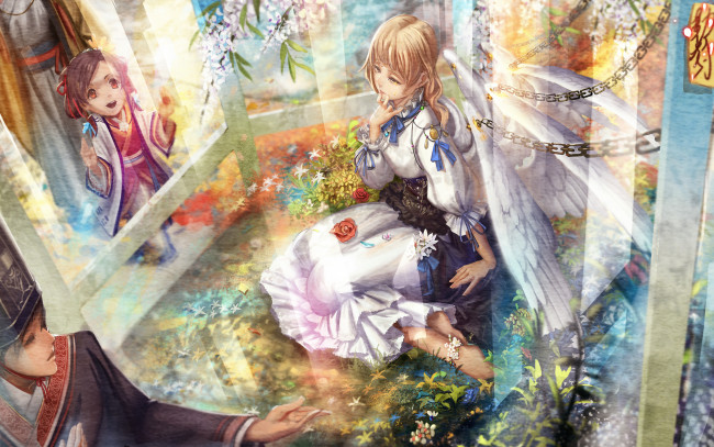 Обои картинки фото аниме, -angels & demons, крылья, цветы, девочка, девушка, ангел, парень