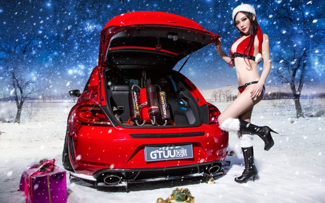 Обои картинки фото автомобили, -авто с девушками, подарки, снегурочка, зима, снег, автомобиль, фон, взгляд, девушка