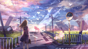 Картинка аниме животные +существа девушка единорог дорога город развалины бабочи
