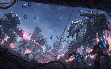 Картинка фэнтези роботы +киборги +механизмы фантастика война башня арт разрушение лазер sci-fi
