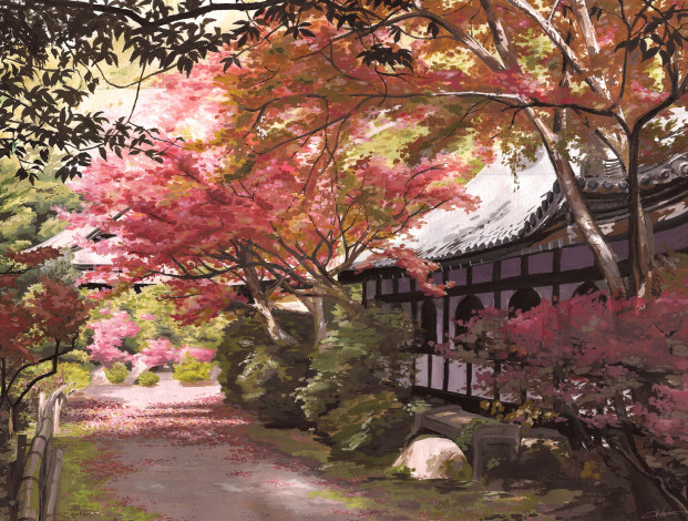 Обои картинки фото рисованное, живопись, тень, дворик, скамейка, деревья, кусты, Япония, art, selven7, забор, дом, дорожка, листопад, осень