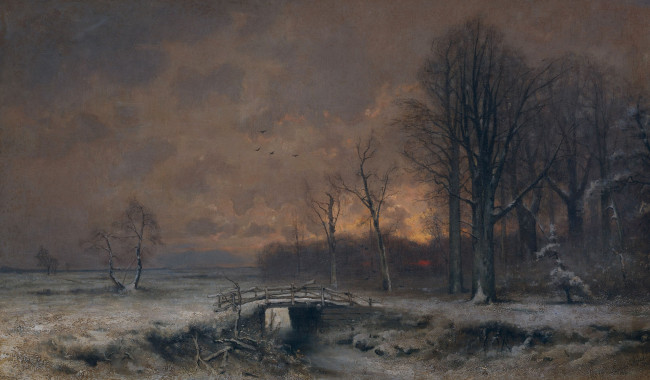 Обои картинки фото рисованное, живопись, мост, зимний, вид, с, закатом, между, деревьями, пейзаж, луис, апол, картина