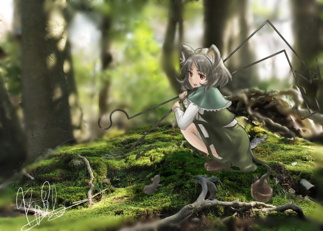Обои картинки фото аниме, touhou, девочка, неко, мышь, лес