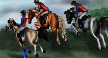 обоя спорт, 3d, рисованные, лошадь, фон, всадники