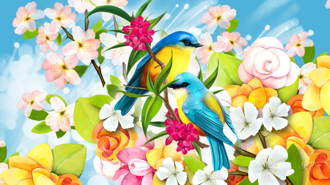 Обои картинки фото векторная графика, птицы , птицы, цветы, фон