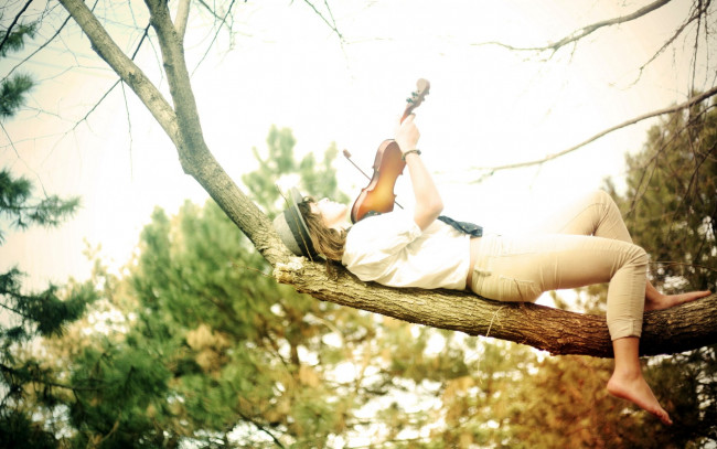 Обои картинки фото музыка, -другое, шляпа, скрипка, девушка, природа, дерево