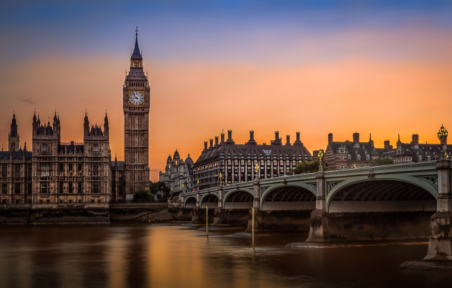 Обои картинки фото big ben & westminster bridge, города, лондон , великобритания, простор