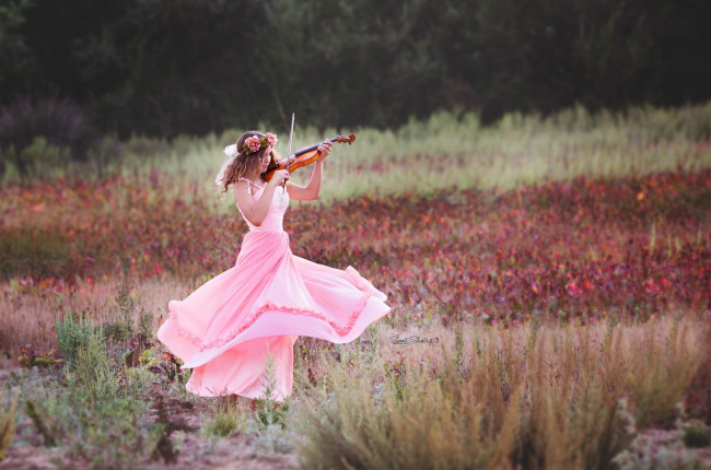 Обои картинки фото музыка, -другое, природа, венок, скрипка, девушка
