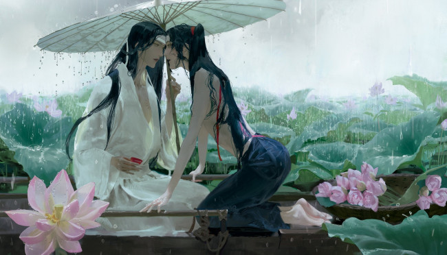 Обои картинки фото аниме, mo dao zu shi, лань, ванцзи, вэй, усянь, зонт, дождь, лодка, лотосы, озеро