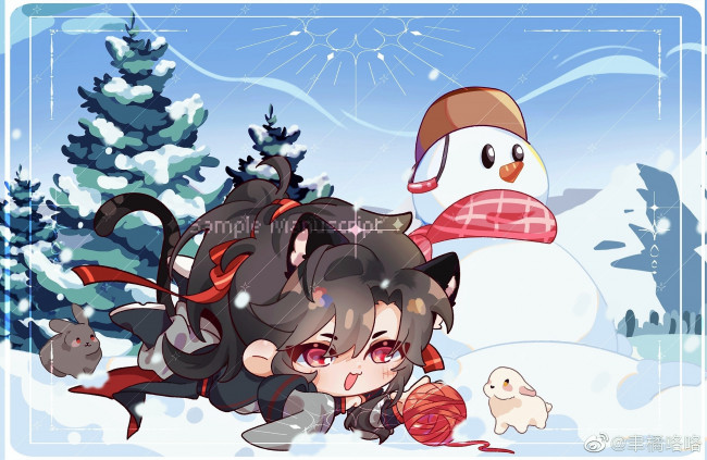Обои картинки фото аниме, mo dao zu shi, вэй, усянь, клубок, кролики, снеговик, снег