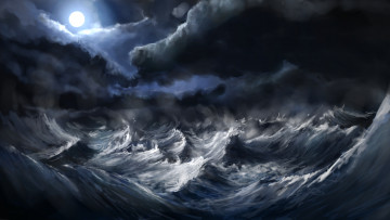 Картинка рисованные природа море шторм волны луна