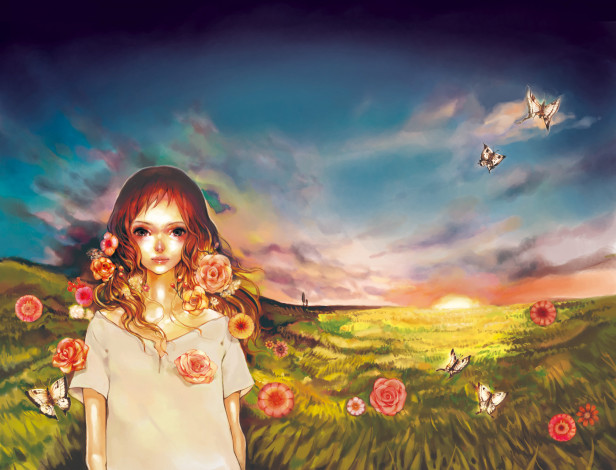 Обои картинки фото рисованные, люди, девочка, цветы, поле, быбочки