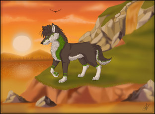 Картинка рисованные животные сказочные мифические собака закат