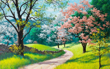 Картинка рисованные природа деревья трава лето