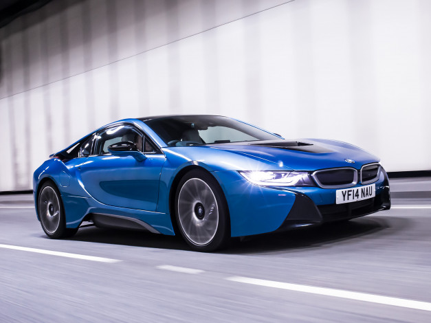 Обои картинки фото автомобили, bmw, синий, 2014г, uk-spec, i8