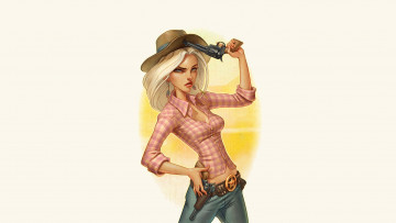Картинка рисованное комиксы девушка оружие шериф взгляд фон