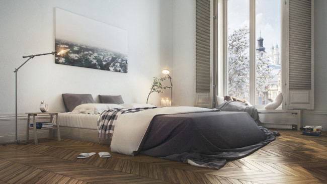 Обои картинки фото 3д графика, реализм , realism, окно, светильник, подушки, кровать, картина