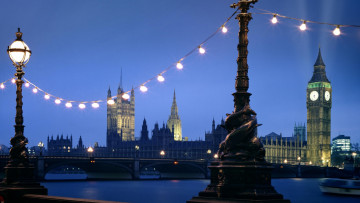 обоя города, лондон , великобритания, фонари, освещение, вечер, мост