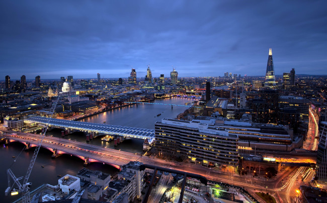 Обои картинки фото города, лондон , великобритания, вечер, дороги, река, мосты, панорама