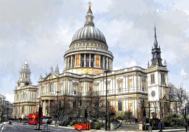 Обои картинки фото рисованное, города, англия, город, рисунок, краски, лондон, собор, святого, павла