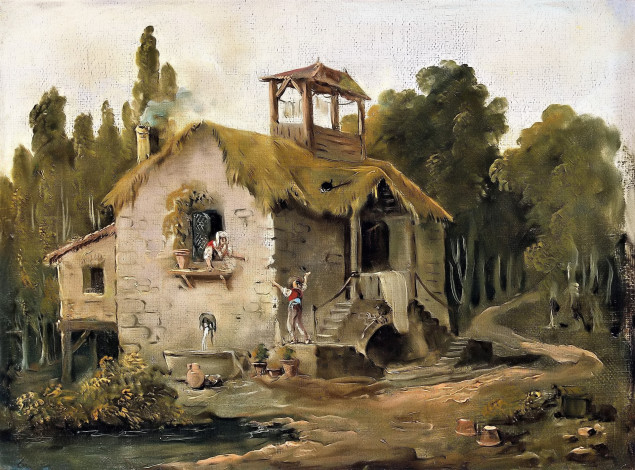 Обои картинки фото cottage in the forest-hubert robert, рисованное, живопись, дом, люди, дорога, деревья