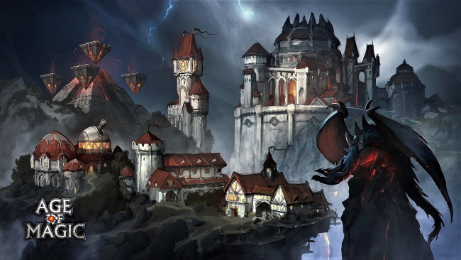 Обои картинки фото видео игры, age of magic, дракон, скалы, замки