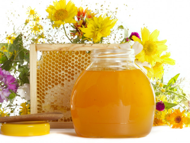 Обои картинки фото еда, мёд, варенье, повидло, джем, цветы, ложка, банка, соты