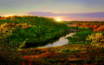 Картинка torch of nature природа восходы закаты солнце река лето трава