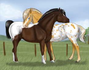 Картинка рисованные животные лошади луг