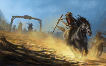 Картинка фэнтези люди пыль лошадь
