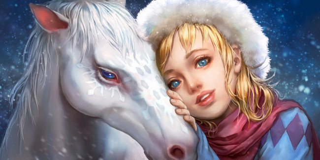 Обои картинки фото фэнтези, девушки, девушка, зима, шапка, лошадь, снег