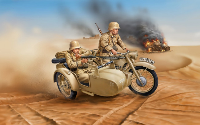 Обои картинки фото рисованное, армия, солдаты, дым, мотоцикл, оружие, немецкие, песок